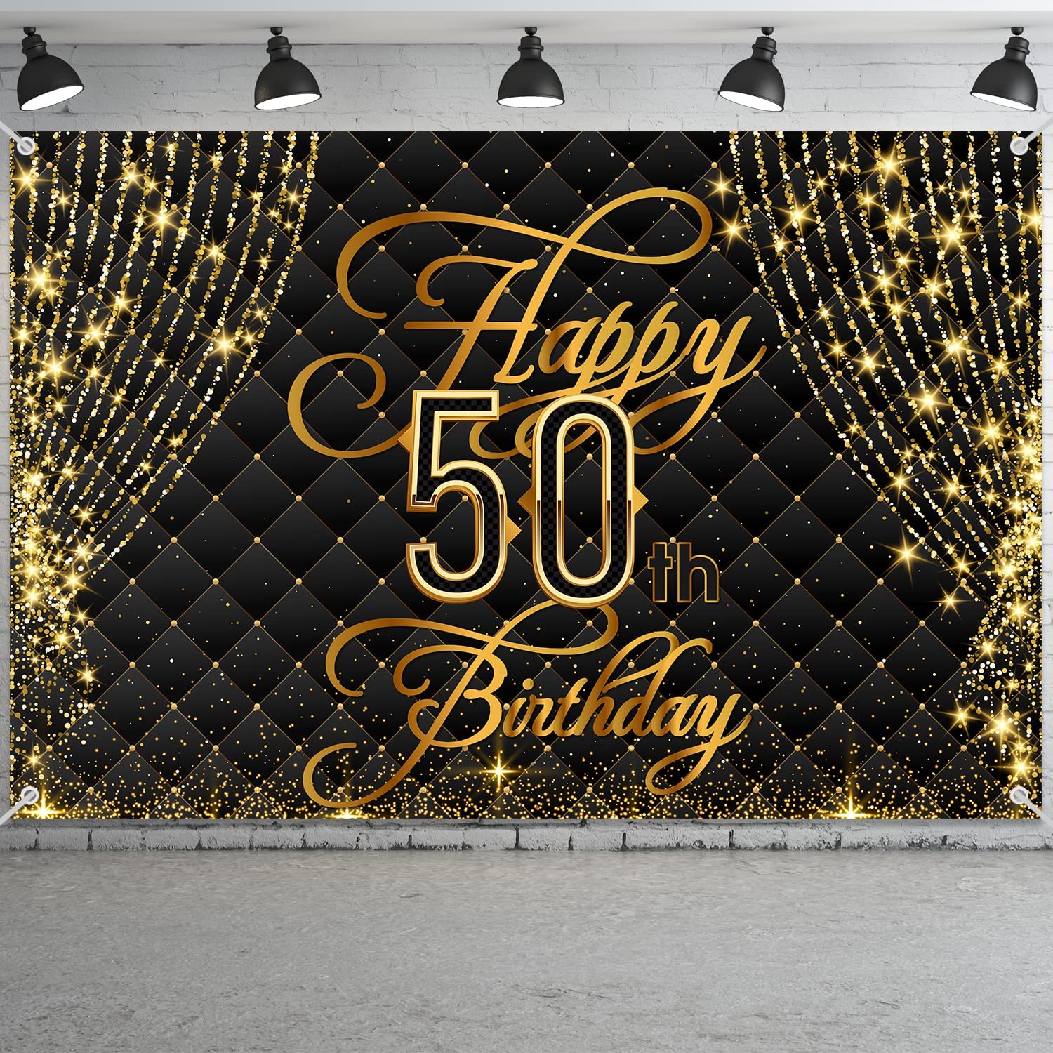 Happy 50th Birthday Banner Backdrop Royal Curtain Decorations Black Gold Background 50 Years Old Bday for Women Men Photography Party Decor Supplies