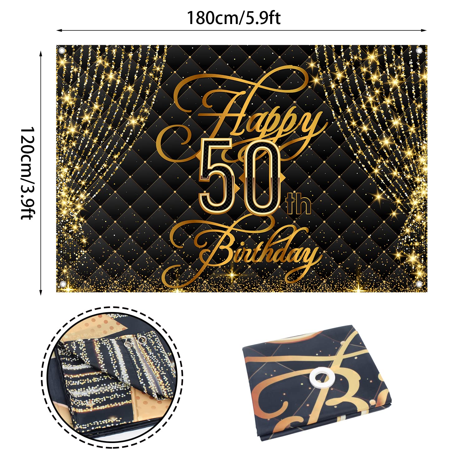 Happy 50th Birthday Banner Backdrop Royal Curtain Decorations Black Gold Background 50 Years Old Bday for Women Men Photography Party Decor Supplies