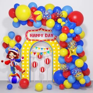 carnival circus balloons arch garland kit, 121pcs red blue yellow rainbow confetti balloons primary color balloons for baby shower wedding anniversary carnival theme birthday party decorations