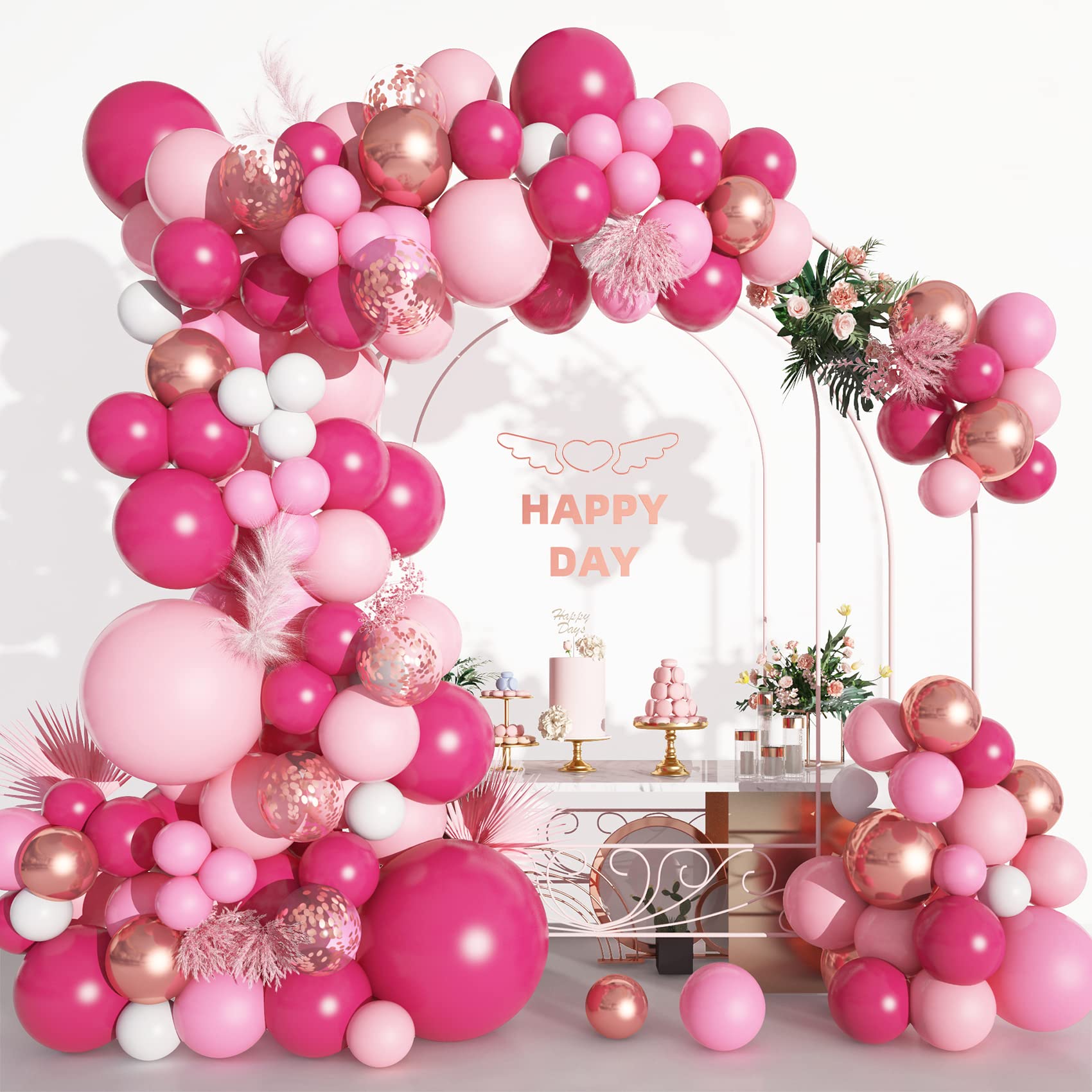 152Pcs Pink Balloon Garland Arch Kit, Hot Pink Metallic Rose Gold Confetti Balloons for Women Birthday Princess Theme Bridal Baby Shower Wedding Mother's Valentine's Day Party Background Decorations