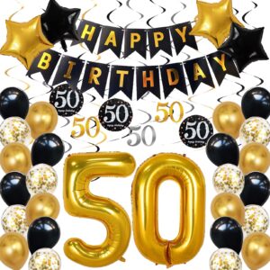 50th birthday decorations for men women, over the hill party supplies 50th birthday balloons happy birthday banner hanging swirls for 50th birthday anniversary decorations black and gold party decor