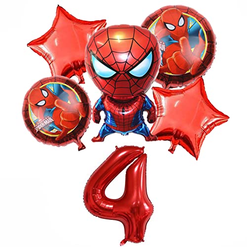 6PCS Superhero Spiderman4th Birthday Decorations Red Number 4 Balloon 32 Inch | The Spiderman Birthday Balloons for Kids Birthday Baby Shower Party Decorations (Spiderman 4th Birthday)