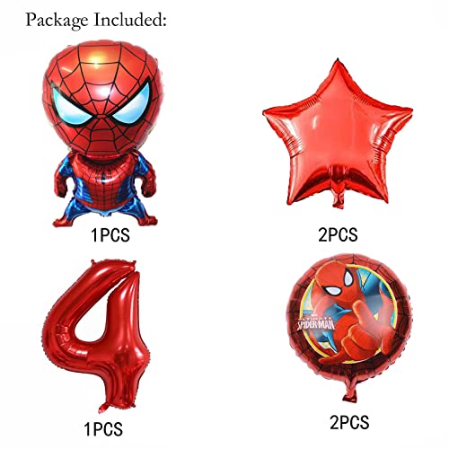 6PCS Superhero Spiderman4th Birthday Decorations Red Number 4 Balloon 32 Inch | The Spiderman Birthday Balloons for Kids Birthday Baby Shower Party Decorations (Spiderman 4th Birthday)