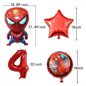 6PCS Superhero Spiderman4th Birthday Decorations Red Number 4 Balloon 32 Inch | The Spiderman Birthday Balloons for Kids Birthday Baby Shower Party Decorations (Spiderman 4th Birthday)