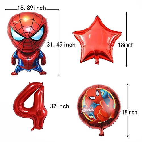 6PCS Superhero Spiderman4th Birthday Decorations Red Number 4 Balloon 32 Inch | The Spiderman Birthday Balloons for Kids Birthday Baby Shower Party Decorations (Spiderman 4th Birthday)