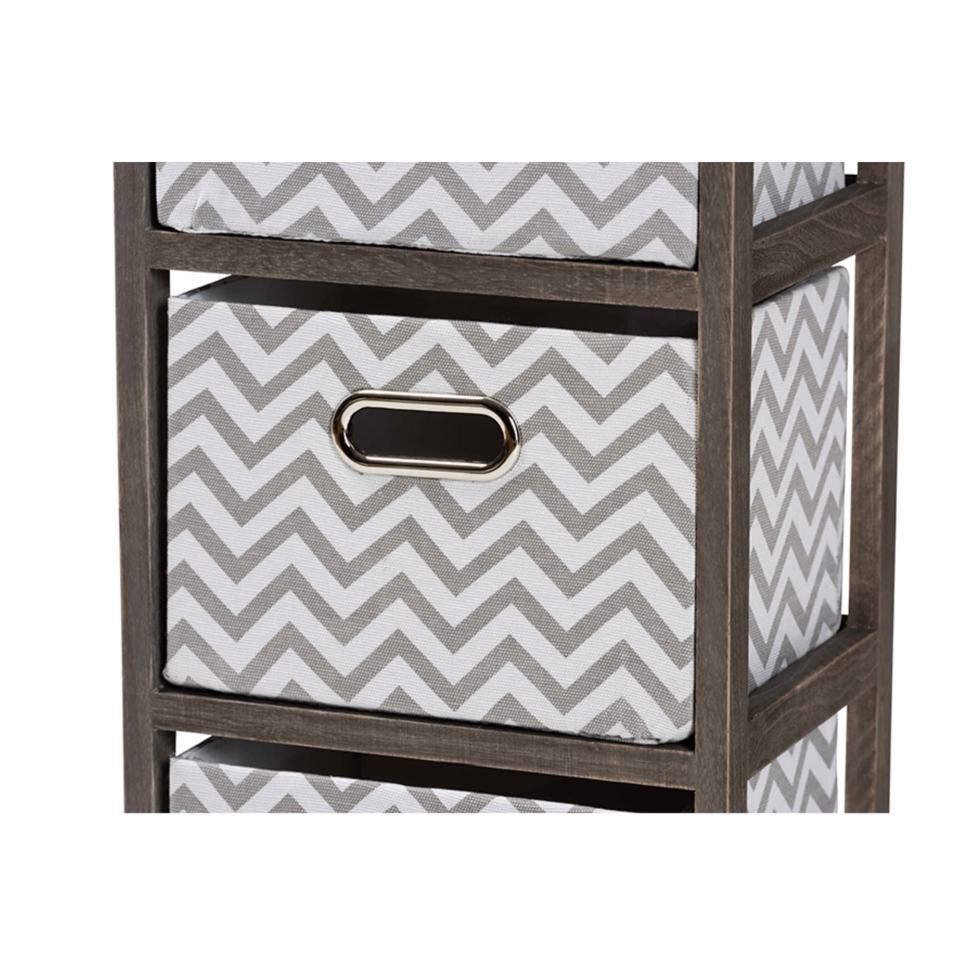 Baxton Studio Jorah Modern and Contemporary Grey and White Fabric Upholstered Greywashed Wood 4-Basket Tallboy Storage Unit