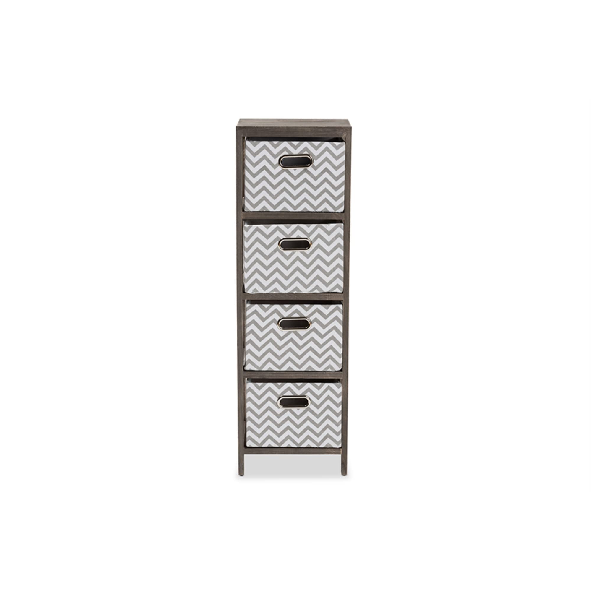 Baxton Studio Jorah Modern and Contemporary Grey and White Fabric Upholstered Greywashed Wood 4-Basket Tallboy Storage Unit