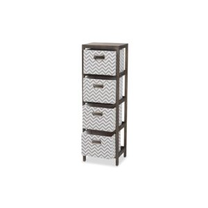 Baxton Studio Jorah Modern and Contemporary Grey and White Fabric Upholstered Greywashed Wood 4-Basket Tallboy Storage Unit