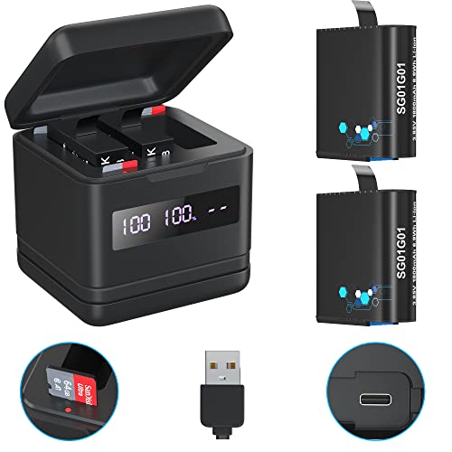 FOOAO Flip Reader Box with 2 Pack Batteries and Fast Charger for GoPro Hero 8 Hero 7 Hero 6, USB and USB-C Fast Charger with High Speed Micro SD Card Reader and Battery Power Read Function