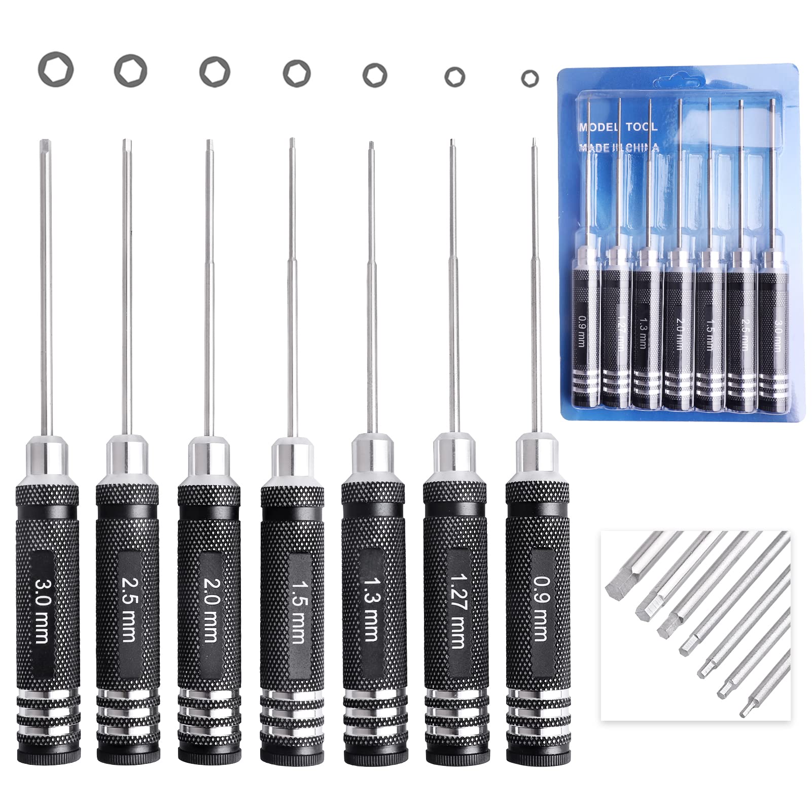 Hex Screwdriver Set - 7pcs Hex Allen Drive Kit 0.9mm 1.27mm 1.3mm 1.5mm 2.0mm 2.5mm 3.0mm Key Repair Tools for Traxxas Arrma Losi Redcat RC Cars Models FPV Drone Helicopter