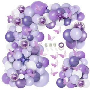 perpaol 150pcs purple balloon garland kit with butterfly stickers, lavender white macaron metallic purple confetti balloons arch for birthday wedding anniversary sweet 16 enchanted forest party decor