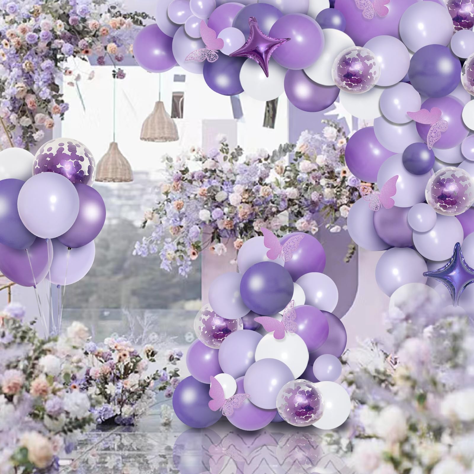 PERPAOL 150pcs Purple Balloon Garland Kit with Butterfly Stickers, Lavender White Macaron Metallic Purple Confetti Balloons Arch for Birthday Wedding Anniversary Sweet 16 Enchanted Forest Party Decor