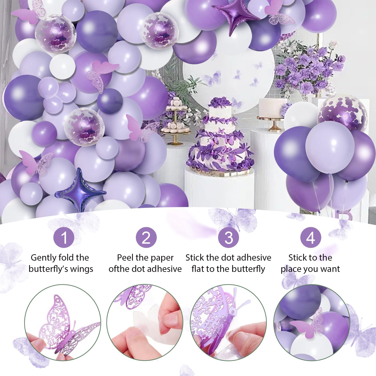 PERPAOL 150pcs Purple Balloon Garland Kit with Butterfly Stickers, Lavender White Macaron Metallic Purple Confetti Balloons Arch for Birthday Wedding Anniversary Sweet 16 Enchanted Forest Party Decor