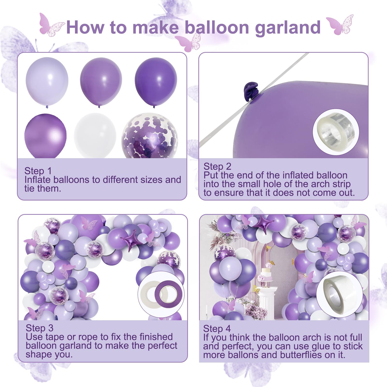 PERPAOL 150pcs Purple Balloon Garland Kit with Butterfly Stickers, Lavender White Macaron Metallic Purple Confetti Balloons Arch for Birthday Wedding Anniversary Sweet 16 Enchanted Forest Party Decor