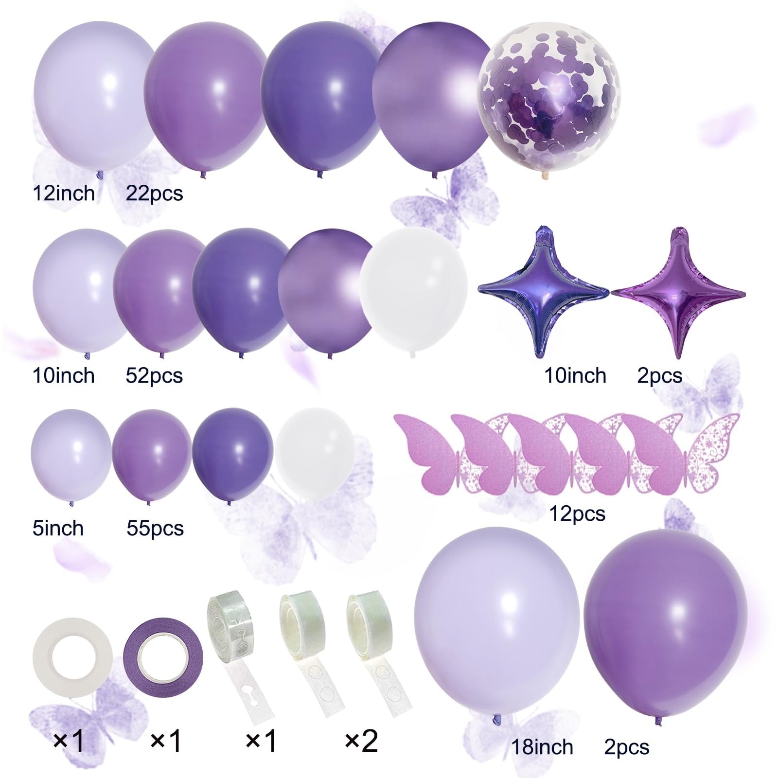 PERPAOL 150pcs Purple Balloon Garland Kit with Butterfly Stickers, Lavender White Macaron Metallic Purple Confetti Balloons Arch for Birthday Wedding Anniversary Sweet 16 Enchanted Forest Party Decor