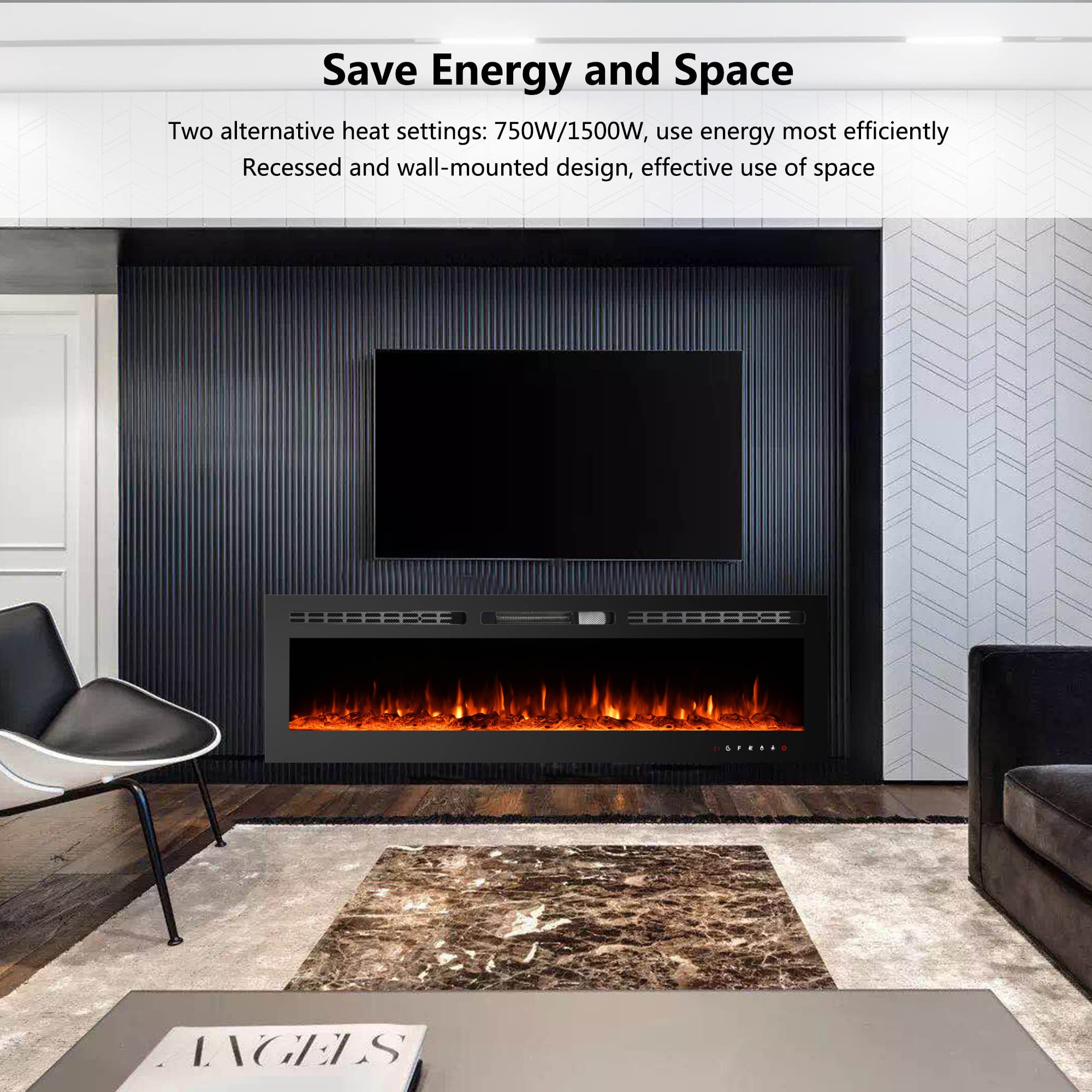 60 Inch Electric Fireplace Inserts, Wall Mounted Fireplace, Led Wall Mounted Heater with Logs, Recessed Electric Fireplace with Remote Control, Linear Fireplace, 9 Multi Color Flames, 750/1500W