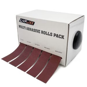 lyfjxx emery cloth roll, 5 grits abrasive sand paper set, 150 240 320 400 600 grit sandpaper rolls for wood metal polishing with dispenser, each roll (6m)
