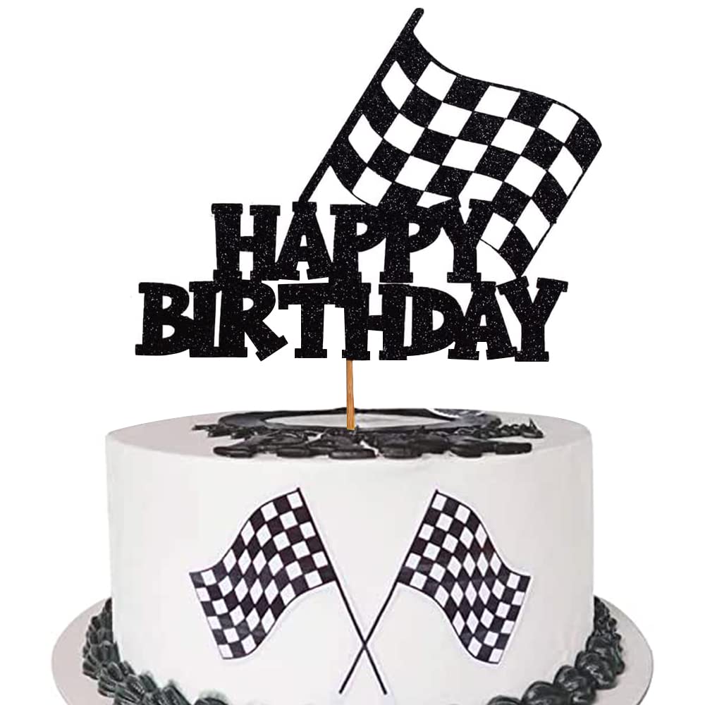 Car Cake Topper Race Car Cake Decorations for Racing Car Checkered Flag Themed Kids Boy Girl Happy Birthday Party Supplies