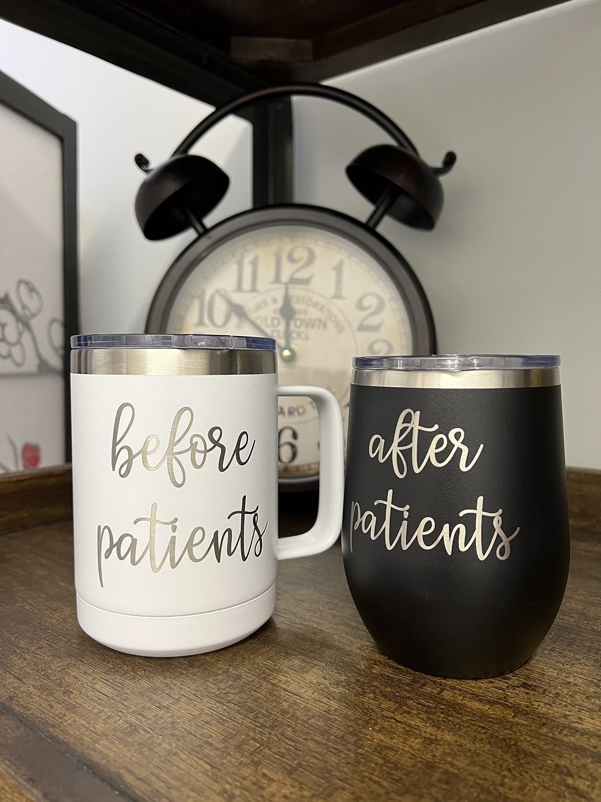 Before Patients, After Patients Engraved Stainless Steel 15 oz Coffee Mug, 12 oz Stemless Wine Glass Set - Unique Gift Idea for Doctor, Physician, Nurse, Hygienist, Medical, Dental - Graduation Gifts