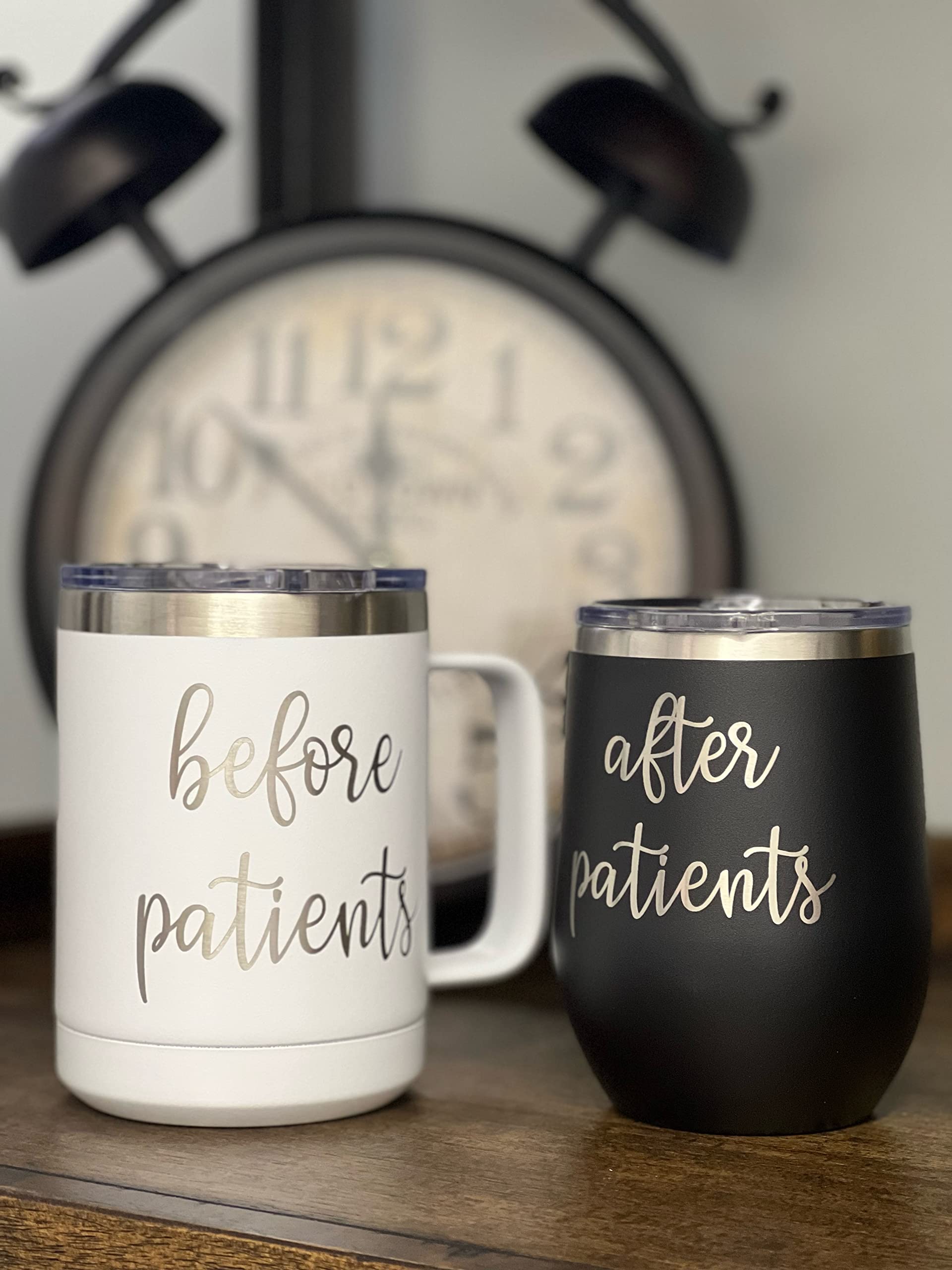 Before Patients, After Patients Engraved Stainless Steel 15 oz Coffee Mug, 12 oz Stemless Wine Glass Set - Unique Gift Idea for Doctor, Physician, Nurse, Hygienist, Medical, Dental - Graduation Gifts