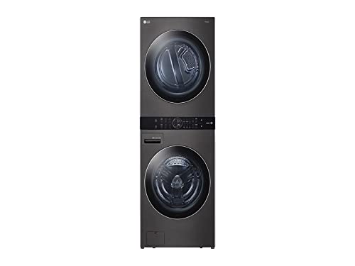 LG WKGX201HBA 27 Inch Smart Gas Single Unit WashTower with 4.5 cu. ft. Washer Capacity, 7.4 cu. ft. Dryer Capacity, TurboWash™360° Technology, LG ThinQ® Technology, AI Fabric Sensor, Black Steel