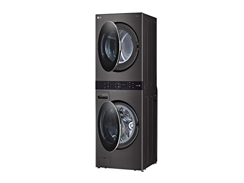 LG WKGX201HBA 27 Inch Smart Gas Single Unit WashTower with 4.5 cu. ft. Washer Capacity, 7.4 cu. ft. Dryer Capacity, TurboWash™360° Technology, LG ThinQ® Technology, AI Fabric Sensor, Black Steel