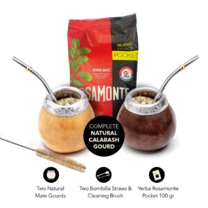 BALIBETOV Set of 2 Yerba Mate Gourd and 1 Pack of 100gr - 3.5OZ of Yerba Mate - Yerba Mate Cup Argentina - 2 Mate Cup, 2 Bombilla, 1 Cleaning Brush, 1 Loose Leaf Yerba Mate bag (DARK BROWN - NATURAL)