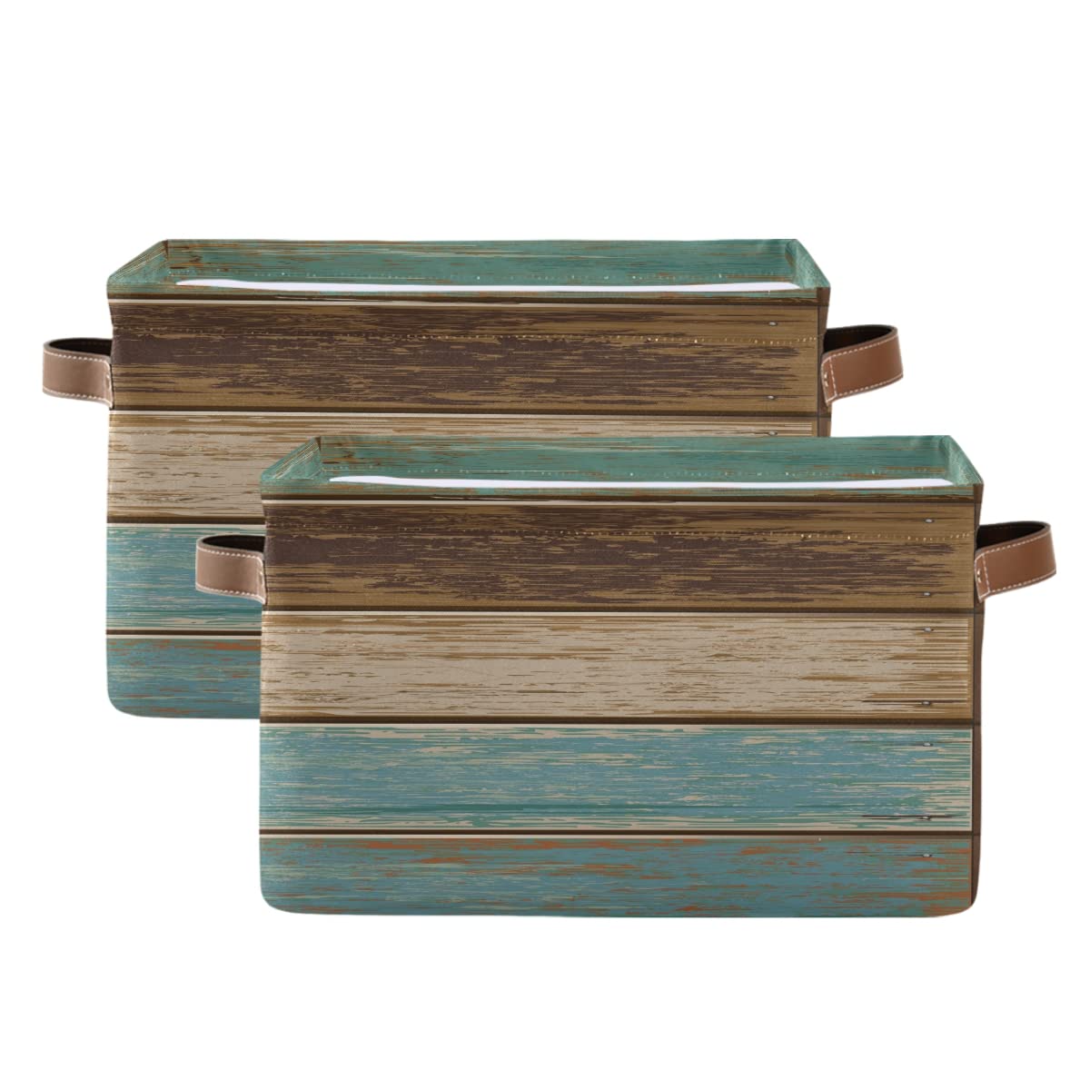 Teal Green Brown Retro Rustic Wood Texture Square Storage Basket Storage Bins Canvas Storage Organizer Closet Shelf Organizer for Home Office, 2 Pc