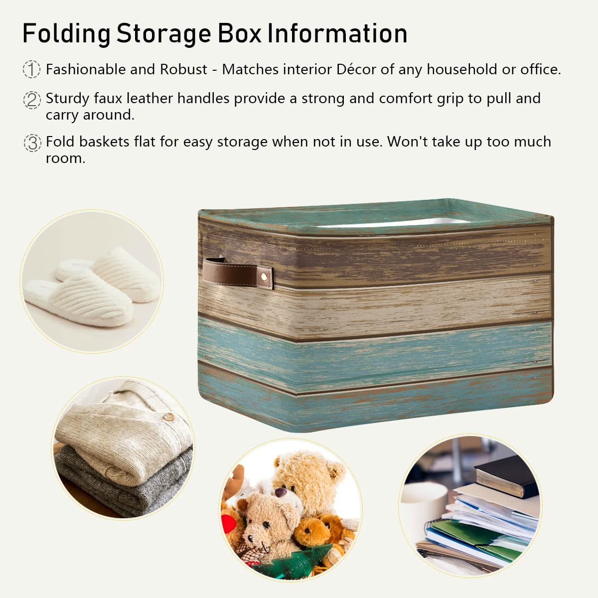 Teal Green Brown Retro Rustic Wood Texture Square Storage Basket Storage Bins Canvas Storage Organizer Closet Shelf Organizer for Home Office, 2 Pc