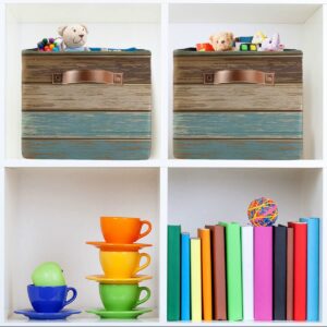 Teal Green Brown Retro Rustic Wood Texture Square Storage Basket Storage Bins Canvas Storage Organizer Closet Shelf Organizer for Home Office, 2 Pc