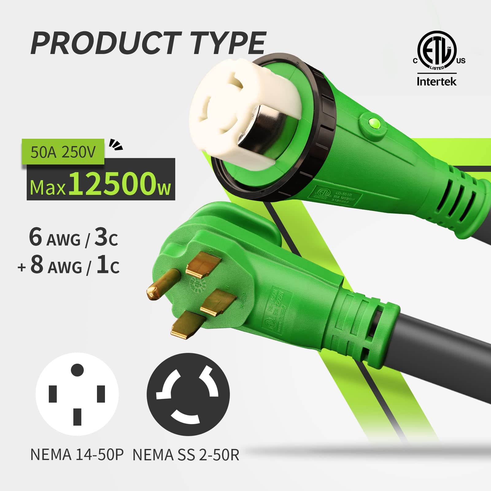 RVMATE 50 Amp 15 Feet RV/Generator Lockable Power Extension Cord, Easy Plug in Handle, 14-50P to SS 2-50R with LED Indicator, ETL Listed