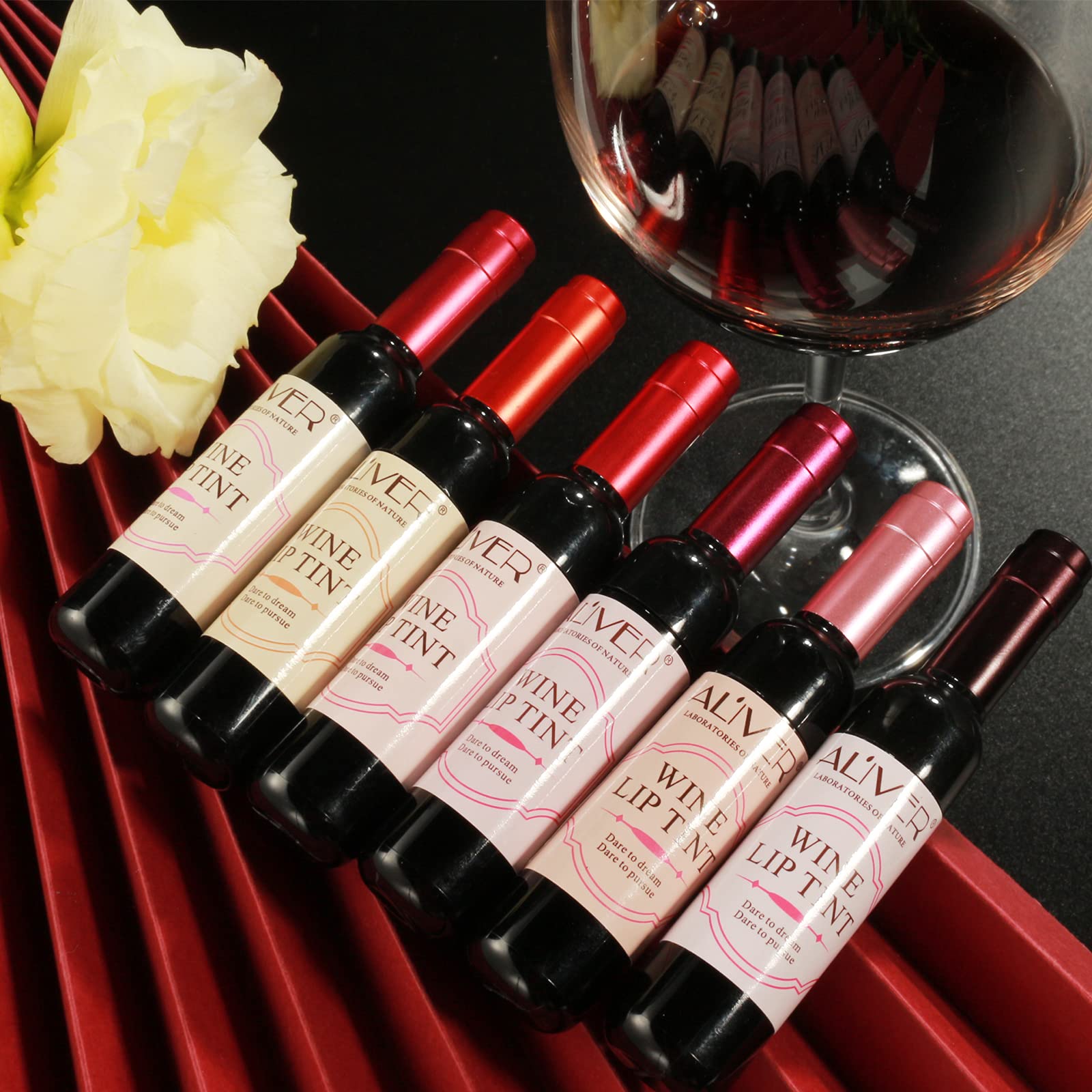6 Colors Wine Lip Stain, Wine Lipstick Lip Gloss Set, Long Lasting Waterproof Lip Gloss Set, Matte Wine Lip Tint Set for Women
