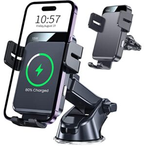 wireless car charger, mokpr 3 in1 long arm car mount, 15w auto clamping car charger dash windshield air vent phone holder compatible with iphone 15/14/13/13 pro/12 pro/12/11/x, samsung s23/s22/s21,etc