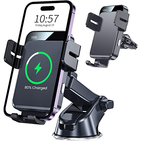 Wireless Car Charger, MOKPR 3 in1 Long arm Car Mount, 15W Auto Clamping Car Charger Dash Windshield Air Vent Phone Holder Compatible with iPhone 15/14/13/13 Pro/12 pro/12/11/X, Samsung S23/S22/S21,etc