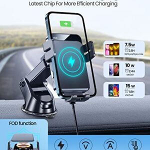 Wireless Car Charger, MOKPR 3 in1 Long arm Car Mount, 15W Auto Clamping Car Charger Dash Windshield Air Vent Phone Holder Compatible with iPhone 15/14/13/13 Pro/12 pro/12/11/X, Samsung S23/S22/S21,etc