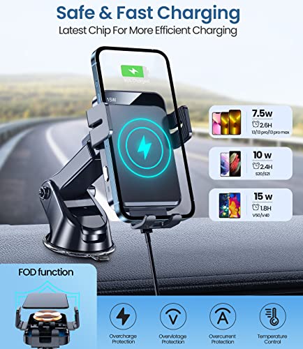 Wireless Car Charger, MOKPR 3 in1 Long arm Car Mount, 15W Auto Clamping Car Charger Dash Windshield Air Vent Phone Holder Compatible with iPhone 15/14/13/13 Pro/12 pro/12/11/X, Samsung S23/S22/S21,etc