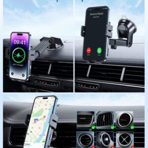 Wireless Car Charger, MOKPR 3 in1 Long arm Car Mount, 15W Auto Clamping Car Charger Dash Windshield Air Vent Phone Holder Compatible with iPhone 15/14/13/13 Pro/12 pro/12/11/X, Samsung S23/S22/S21,etc