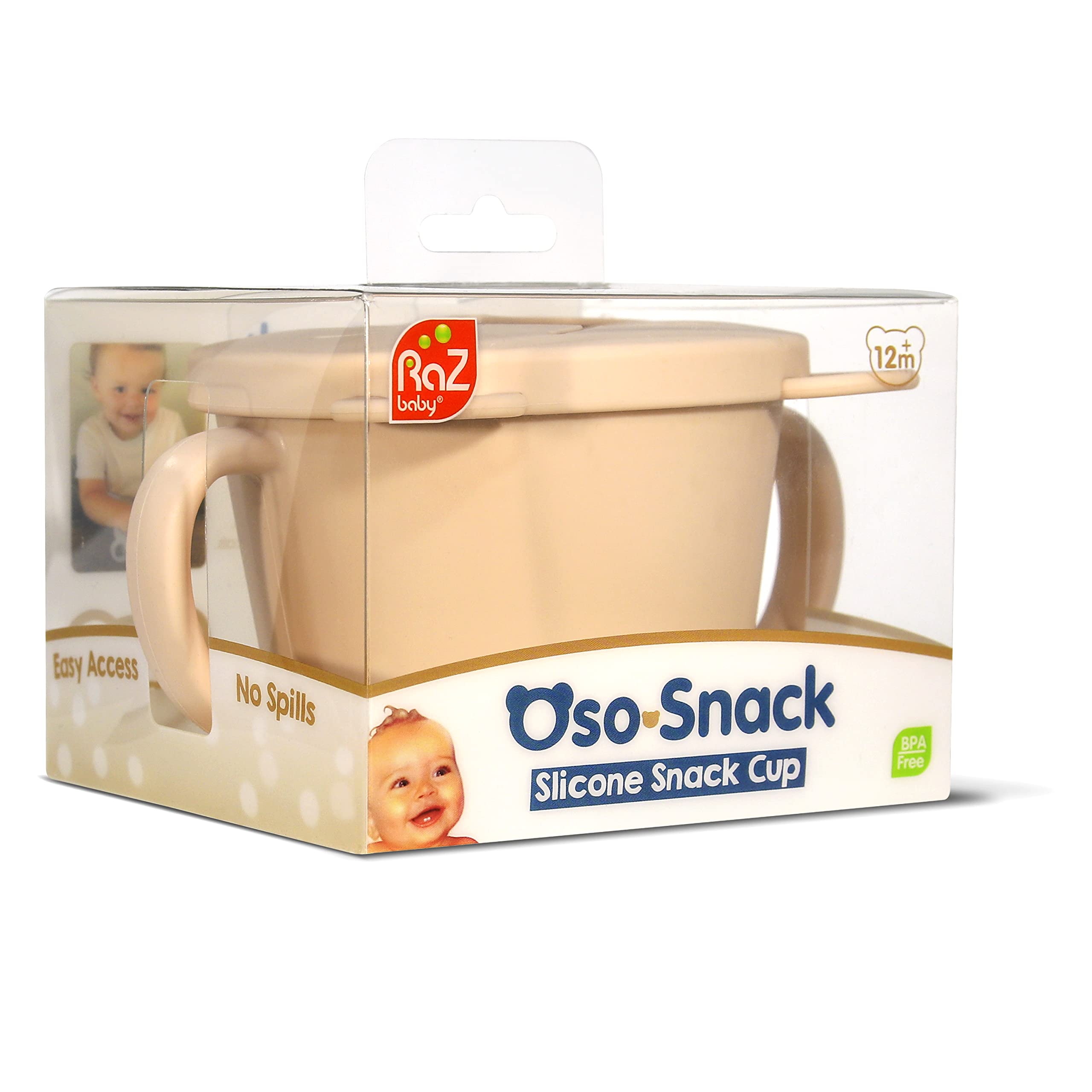 RAZBABY Oso-Snack 100% Silicone Snack Cup, 6M+, Spill-Proof Food Container w/Weighted Bottom, Easy to Hold for Baby & Toddler, Removable Lid, Easy to Clean, BPA-Free, Dishwasher Safe – Tan