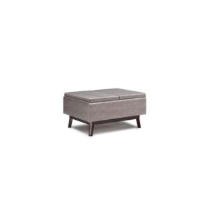 simplihome owen 34 inch wide mid century modern square tray top storage ottoman in upholstered distressed grey faux leather, for the living room