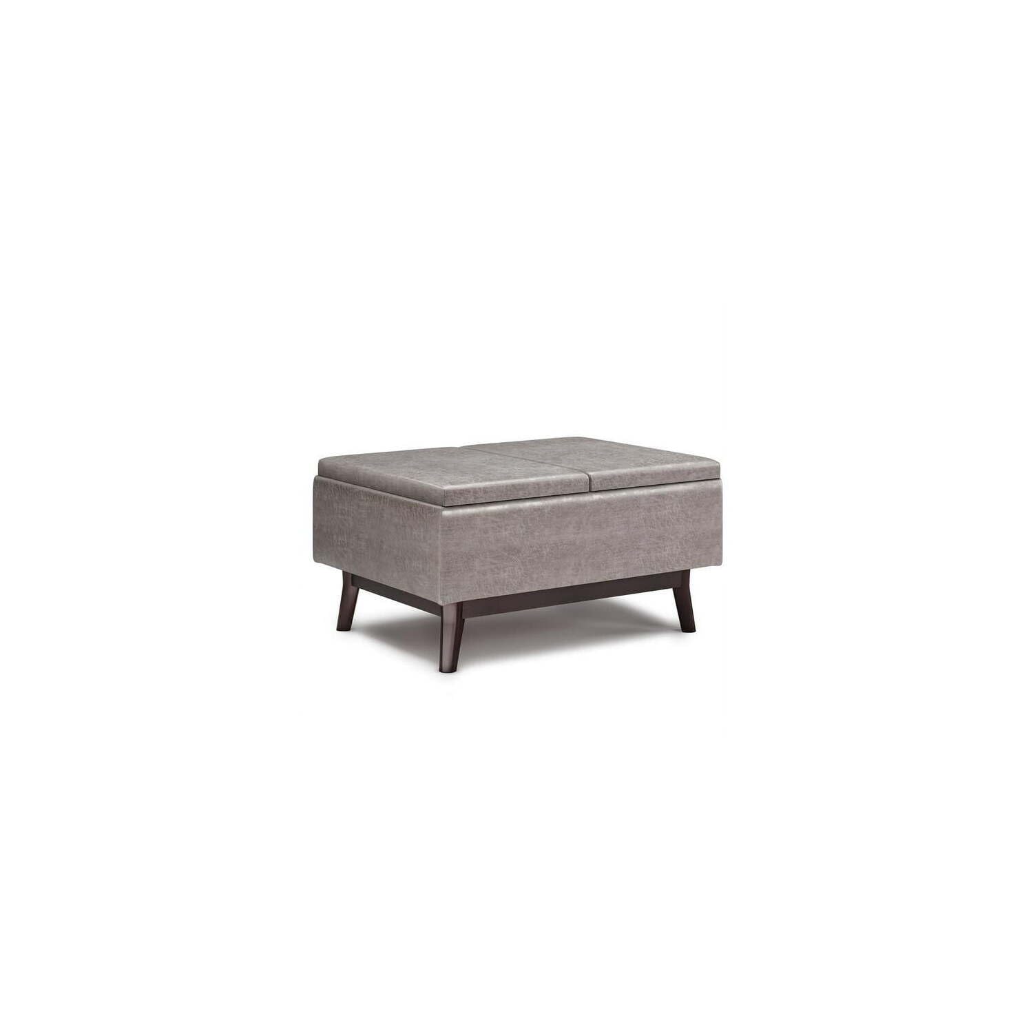 SIMPLIHOME Owen 34 Inch Wide Mid Century Modern Square Tray Top Storage Ottoman in Upholstered Distressed Grey Faux Leather, For the Living Room