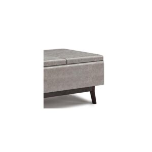 SIMPLIHOME Owen 34 Inch Wide Mid Century Modern Square Tray Top Storage Ottoman in Upholstered Distressed Grey Faux Leather, For the Living Room