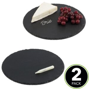 mDesign Slate Stone Round Gourmet Chalkboard Serving Platter, Cheese Board, Charcuterie Tray with Natural Edge and Chalk Pencil for Cheese, Meats, Appetizers, Dried Fruits, and Food - 2 Pack - Black