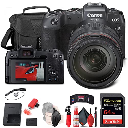 Canon EOS RP Mirrorless Digital Camera with 24-105mm Lens (3380C012) + 64GB Memory Card + Case + Card Reader + Flex Tripod + Hand Strap + Cap Keeper + Memory Wallet + Cleaning Kit (Renewed)