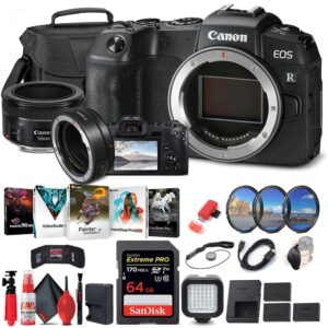 canon eos rp mirrorless digital camera (body only) (3380c002) + canon ef 50mm lens + mount adapter ef-eos r + 64gb card + case + filter kit + corel photo software + 2 x lpe17 battery + more (renewed)