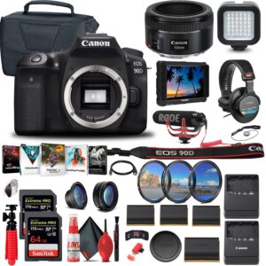 canon eos 90d dslr camera (body only) (3616c002) + 4k monitor + canon ef 50mm lens + pro mic + pro headphones + 2 x 64gb card + case + filter kit + corel photo software + more (renewed)