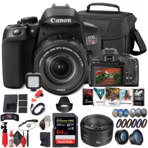 Canon EOS Rebel T8i DSLR Camera with 18-55mm Lens (3924C002) + Canon EF 50mm Lens + 64GB Memory Card + Color Filter Kit + Case + Filter Kit + Corel Photo Software + 2 x LPE17 Battery + More (Renewed)