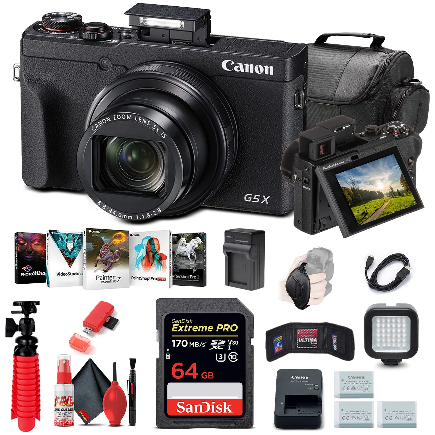 Canon PowerShot G5 X Mark II Digital Camera (3070C001) + 64GB Memory Card + 2 x NB13L Battery + Corel Photo Software + Charger + Card Reader + LED Light + Soft Bag + More (Renewed)