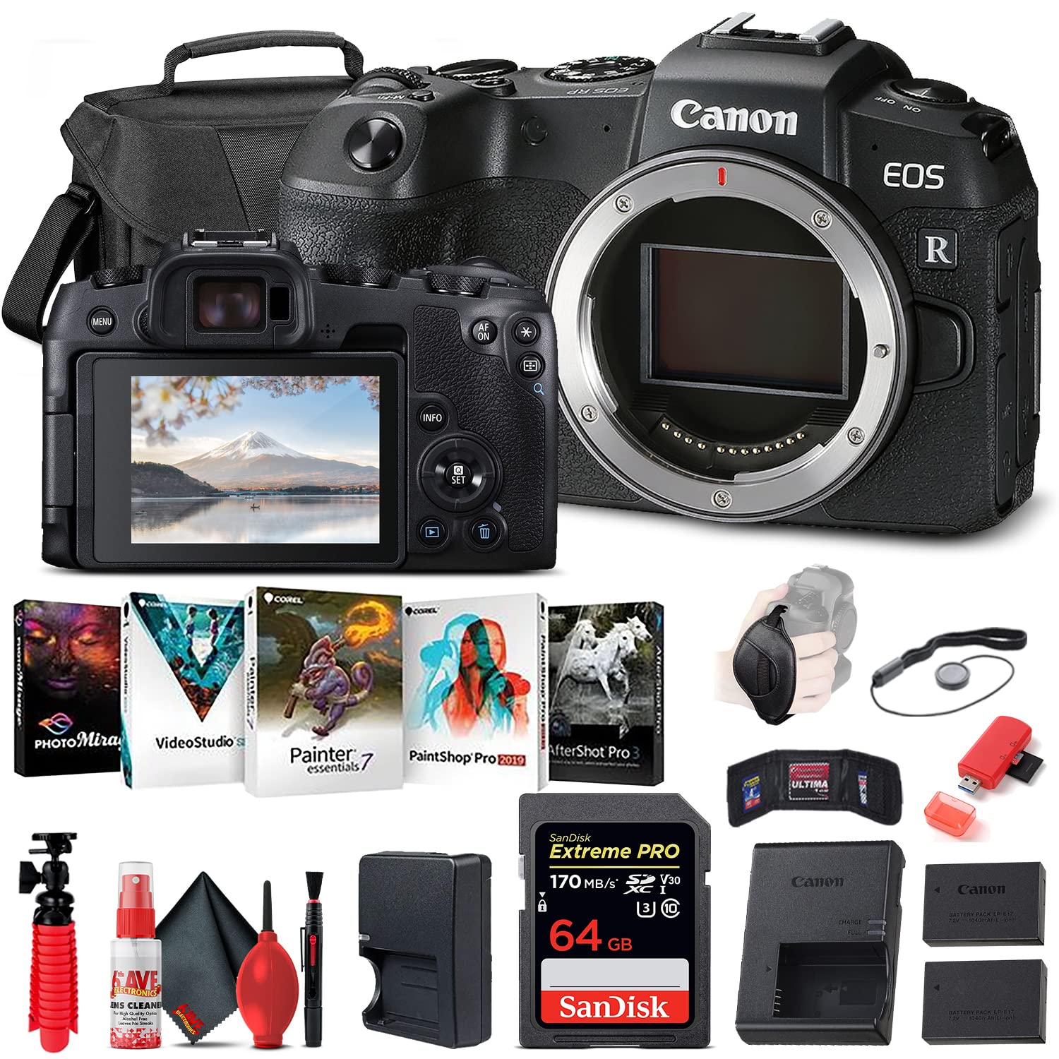Canon EOS RP Mirrorless Digital Camera (Body Only) (3380C002) + 64GB Memory Card + Case + Corel Photo Software + LPE17 Battery + External Charger + Card Reader + Flex Tripod + More (Renewed)
