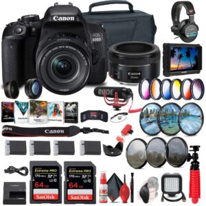 canon eos rebel 800d / t7i dslr camera with 18-55 4-5.6 is stm lens (1895c002) + 4k monitor + canon ef 50mm lens + mic + headphones + 2 x 64gb cards + color filter + case + more (renewed)