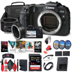 canon eos rp mirrorless digital camera (body only) (3380c002) + canon ef 50mm lens + mount adapter ef-eos r + 64gb card + case + filter kit + corel photo software + lpe17 battery + more (renewed)